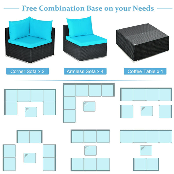 Free combination of sectional sofa as per your needs<br>Solid structure with L shape aluminum feet<br>Exquisite PE wicker frame adds unique charm<br>Comfortable sofa set with thick cushions and soft pillows<br>The cover of seat cushion is removable and wa
