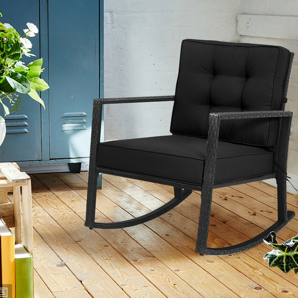 Sturdy and durable frame with exquisite rattan <br>Comfortable and safe rocking function <br>Thick and soft cushion for seat and back <br>Cushions are fixed by strings to prevent a move <br>Pads at the bottom can avoid sliding and protect rattan <br>Desig