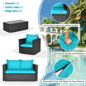 Including 1 x Table  2 x Single sofa  1 x Loveseat  4 x Seat cushion  4 x Back cushion  1 x Instruction<br>Stable steel frame can ensure a high-weight capacity<br>Weather-resistant PE rattan is durable enough for a long lifespan<br>Table and sofas come up