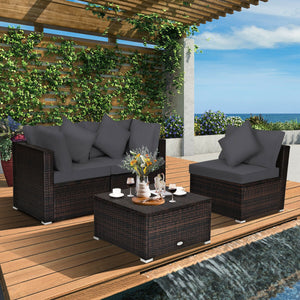 Includes 2 corner sofas  1armless table and 1 ottoman for versatile use<br>Sturdy powder-coated steel frame provides strong durability and stability<br>All-weather and wear-resistant PE rattan provides a long service life<br>Thick and soft sponge padded c
