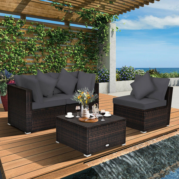Includes 2 corner sofas  1armless table and 1 ottoman for versatile use<br>Sturdy powder-coated steel frame provides strong durability and stability<br>All-weather and wear-resistant PE rattan provides a long service life<br>Thick and soft sponge padded c