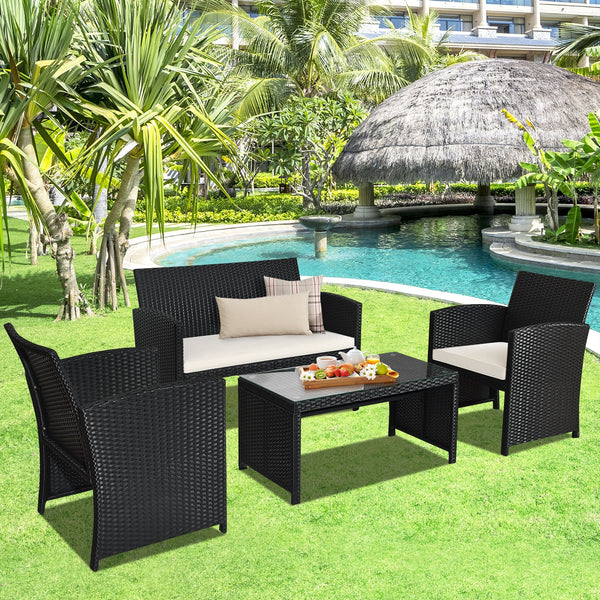 Comes with foot pads to protect the floor and add stability to the set<br>High-quality rattan and steel materials are used to ensure a long lifespan<br>PE rattan is waterproof and corrosion resistant<br>Suitable for balcony  rooftop  backyard  poolside  a