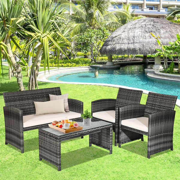 Rattan patio set includes one loveseat  two single chairs and one coffee table. <br>Made of high-quality rattan with strong built-in frame structure <br>Functional and beautiful design perfect for garden  backyard and balcony <br>Rattan coffee table with 