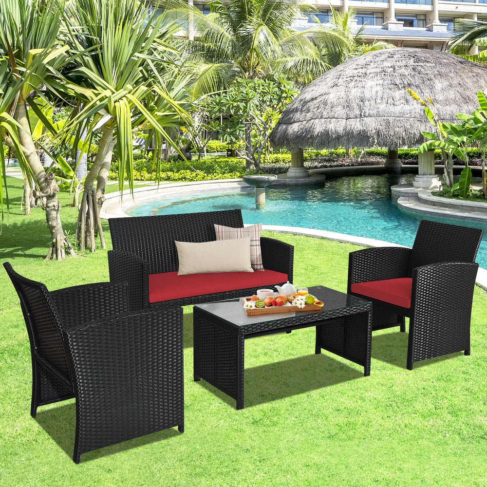 Comes with foot pads to protect the floor and add stability to the set<br>High-quality rattan and steel materials are used to ensure a long lifespan<br>PE rattan is waterproof and corrosion resistant<br>Suitable for balcony  rooftop  backyard  poolside  a
