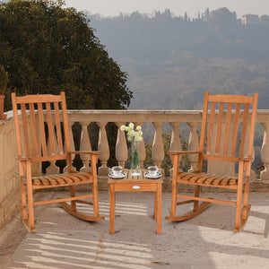 This eucalyptus rocking chair set is perfect for the patio  backyard  porch  garden or beach area. Â  This rocking chair set includes two wood rocking chairs and a coffee table  available for 2 people to relax. The wide backrest with wide batten and ergon