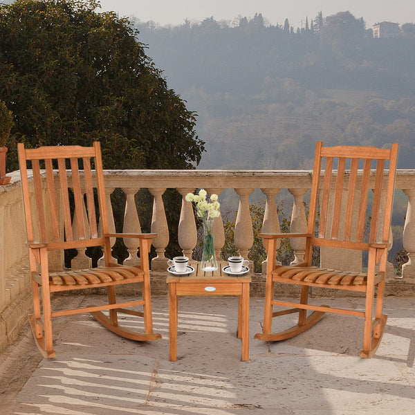 This eucalyptus rocking chair set is perfect for the patio  backyard  porch  garden or beach area. Â  This rocking chair set includes two wood rocking chairs and a coffee table  available for 2 people to relax. The wide backrest with wide batten and ergon