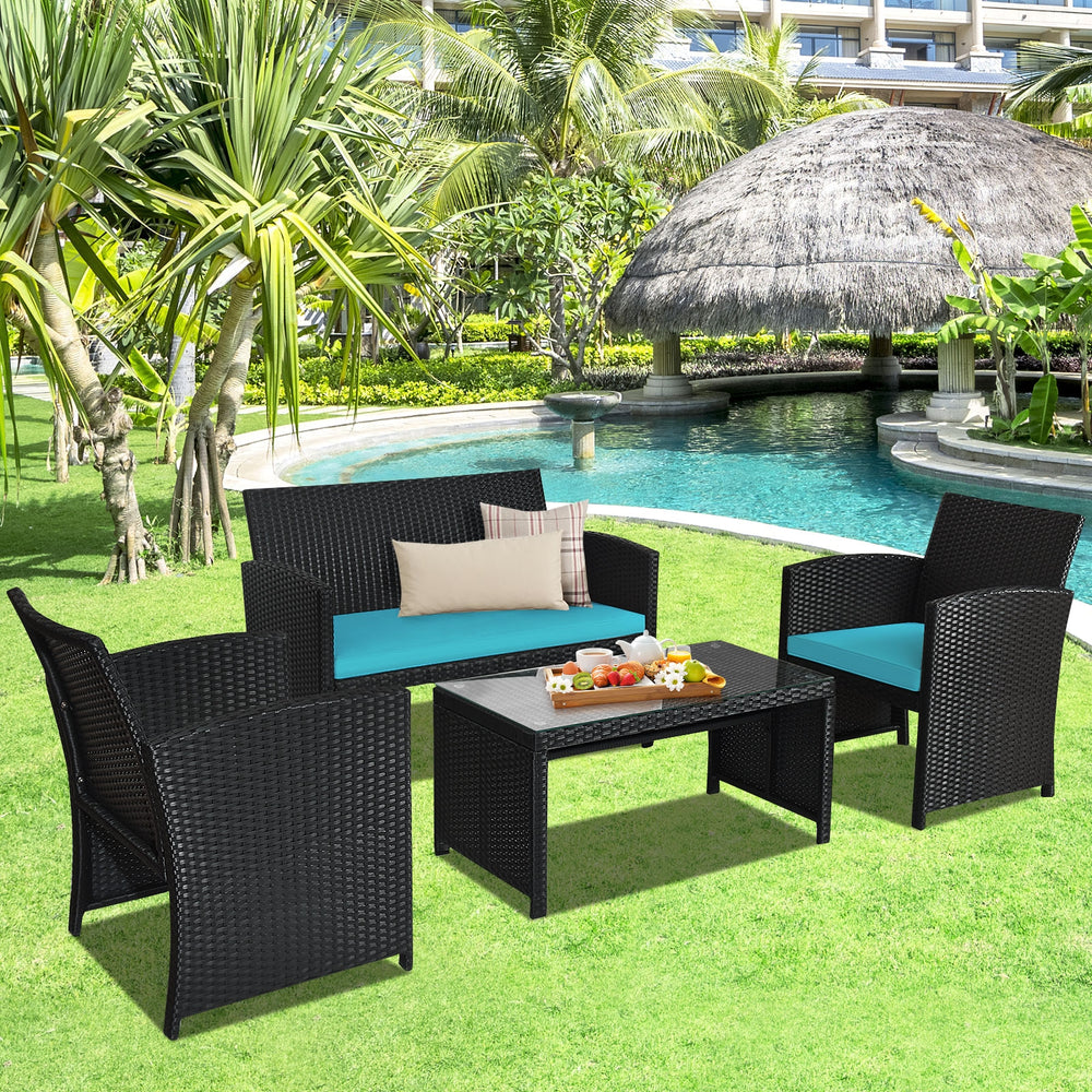 Comes with foot pads to protect the floor and add stability to the set<br>High-quality rattan and steel materials are used to ensure a long lifespan<br>PE rattan is waterproof and corrosion resistant<br>Suitable for balcony  rooftop  backyard  poolside  a