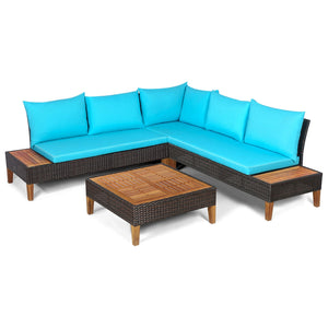 With comfy cushions  large seats  practical coffee table and 2 handy side tables  this outdoor conversation not only provides ultimate coziness for sitting  but also brings large space for accommodating different items. Â  What's more  the solid acacia wo