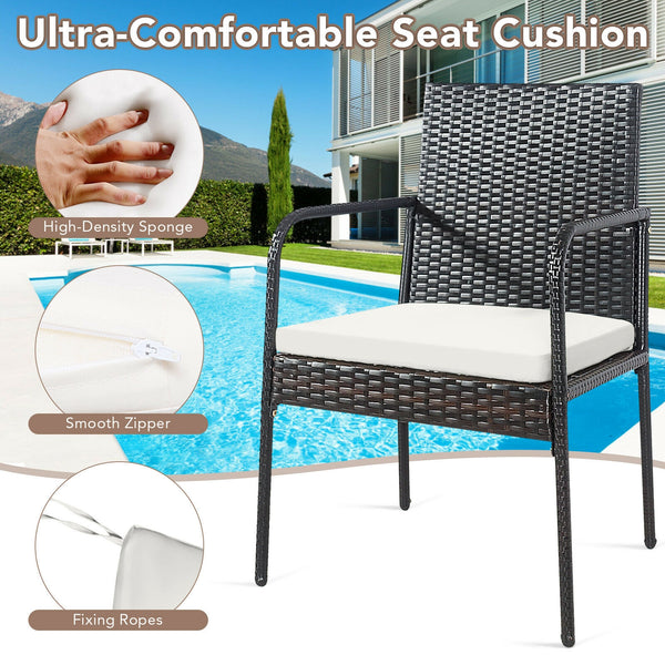 High-quality PE rattan for weather-resistant<br>Sturdy steel frame with powder-coated for rustproof<br>Avoid scratching the floor with anti-slip foot pads<br>Come with a strong loading capacity of up to 400 lbs<br>Padded cushions for a comfy sitting exper