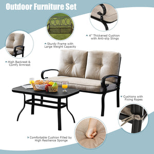 This premium outdoor patio conversation bench set will be a good choice for you. Â  This 2-Piece patio loveseat set includes 1 loveseat  1 coffee table  1 seat cushion and 2 back cushions  which is a great choice for your indoor and outdoor environment. Y
