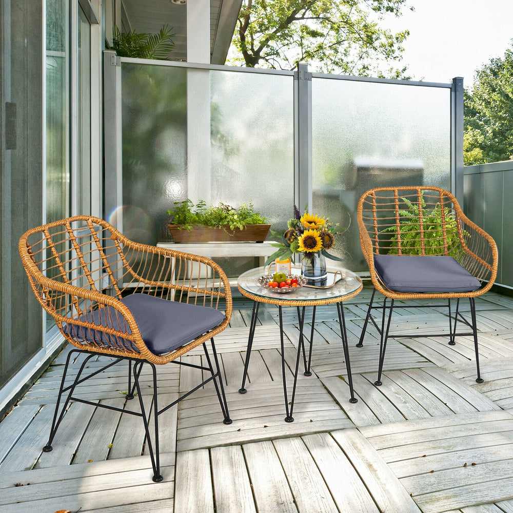Premium wicker ensures high resistance to weather/sunlight/water<br>Heavy-duty steel frame with rust-resistant powder coated surface<br>High density sponge padded cushions provide great comfort<br>Tempered glass tabletop to place small decor  snacks and d