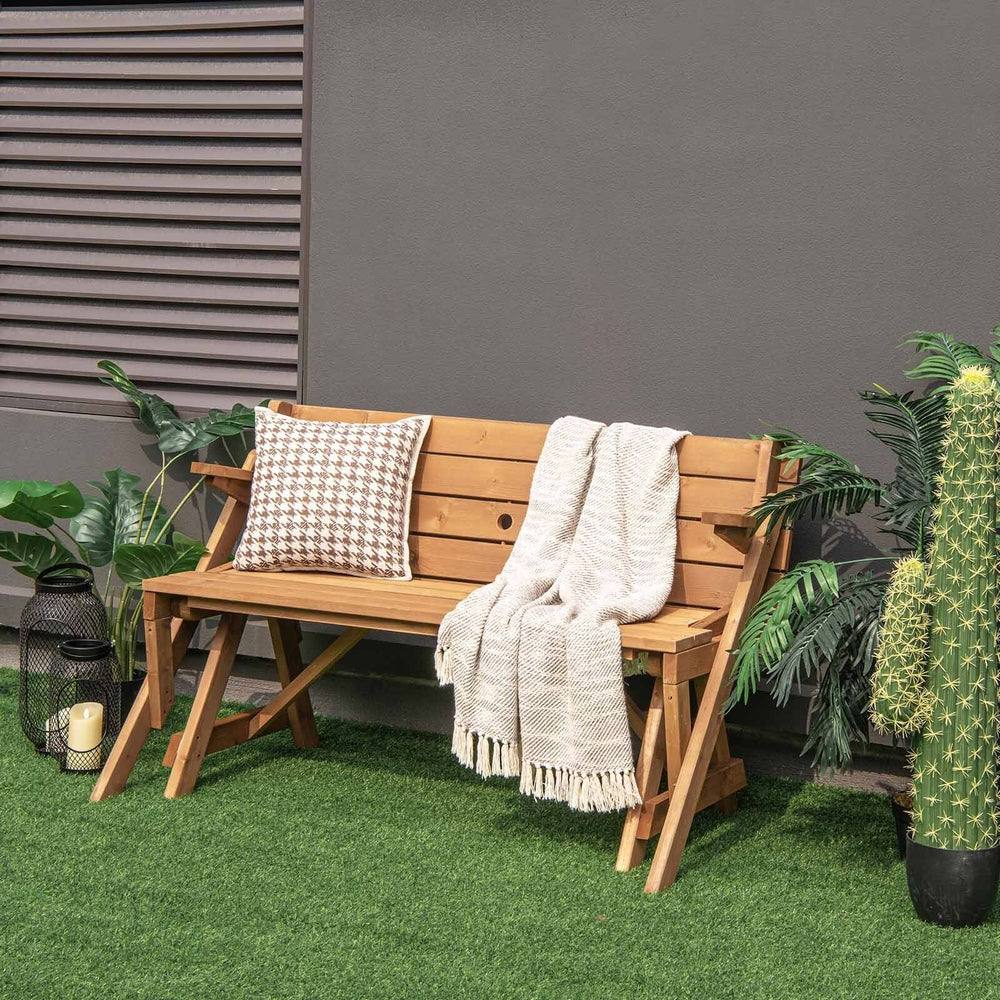 A piece of outdoor furniture that combines a picnic table and garden bench as one for great convenience! Â  When it serves as an outdoor picnic table  it can accommodate 4 people  which is great for outdoor gatherings. Meanwhile  the built-in umbrella hol