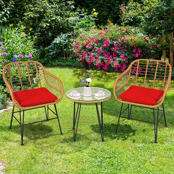 Premium wicker ensures high resistance to weather/sunlight/water<br>Heavy-duty steel frame with rust-resistant powder coated surface<br>High density sponge padded cushions provide great comfort<br>Tempered glass tabletop to place small decor  snacks and d