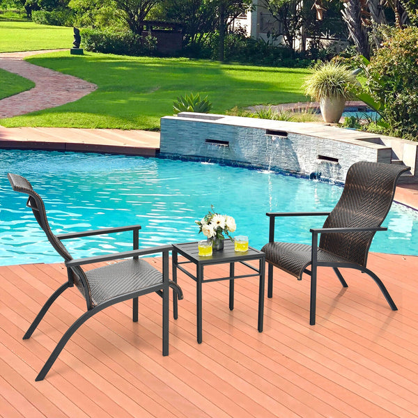 Made of weather-resistant PE rattan and thickened steel pipes with powder coating  this outdoor bistro set can stand the test of time. Â  Which also can be a beautiful addition to your garden  lawn  backyard  patio  balcony or other indoor areas. With com