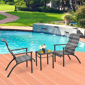Made of weather-resistant PE rattan and thickened steel pipes with powder coating  this outdoor bistro set can stand the test of time. Â  Which also can be a beautiful addition to your garden  lawn  backyard  patio  balcony or other indoor areas. With com