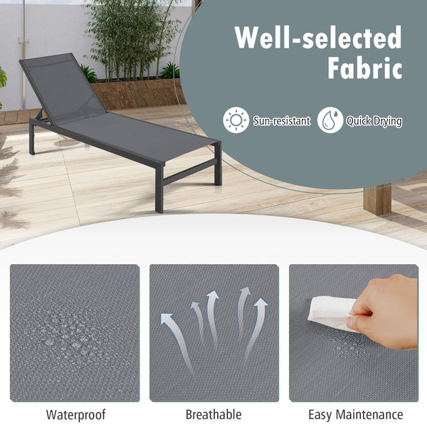 Lightweight and rustproof aluminium frame can stand the test of time<br>Premium fabric is quick-drying  breathable and durable<br>6-position adjustable recliner allows you to set a desired angle<br>This chaise lounge chair can be used completely flat<br>A
