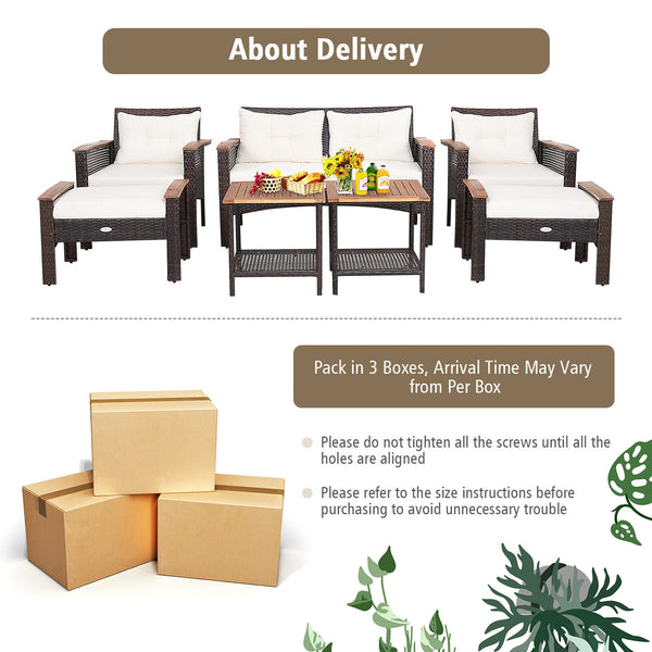 Ship and arrive in 3 boxes  delivery time may vary per box <br>All screws are well packed in the first box <br>Weather-resistant mix brown PE rattan for outdoor durability <br>Ensure strong stability with a sturdy steel frame and solid acacia wood <br>The