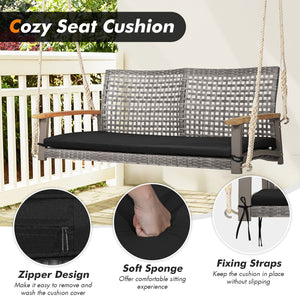 Spacious seat with 47" width allows 2 people to swing together<br>Curved seat  backrest and acacia wood armrests for more comfort<br>Heavy-duty steel frame ensures 800 lbs load capacity<br>Mix gray PE rattan is elegant and weather resistant<br>Include a c