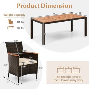 Dining table with acacia wood top offers long-lasting beauty and strength<br>Mix brown PE rattan is sun-protective  fade-resistant  and breathable <br>Crafted with a robust metal frame that is stable and long-lasting<br>High backrest and curved armrests f