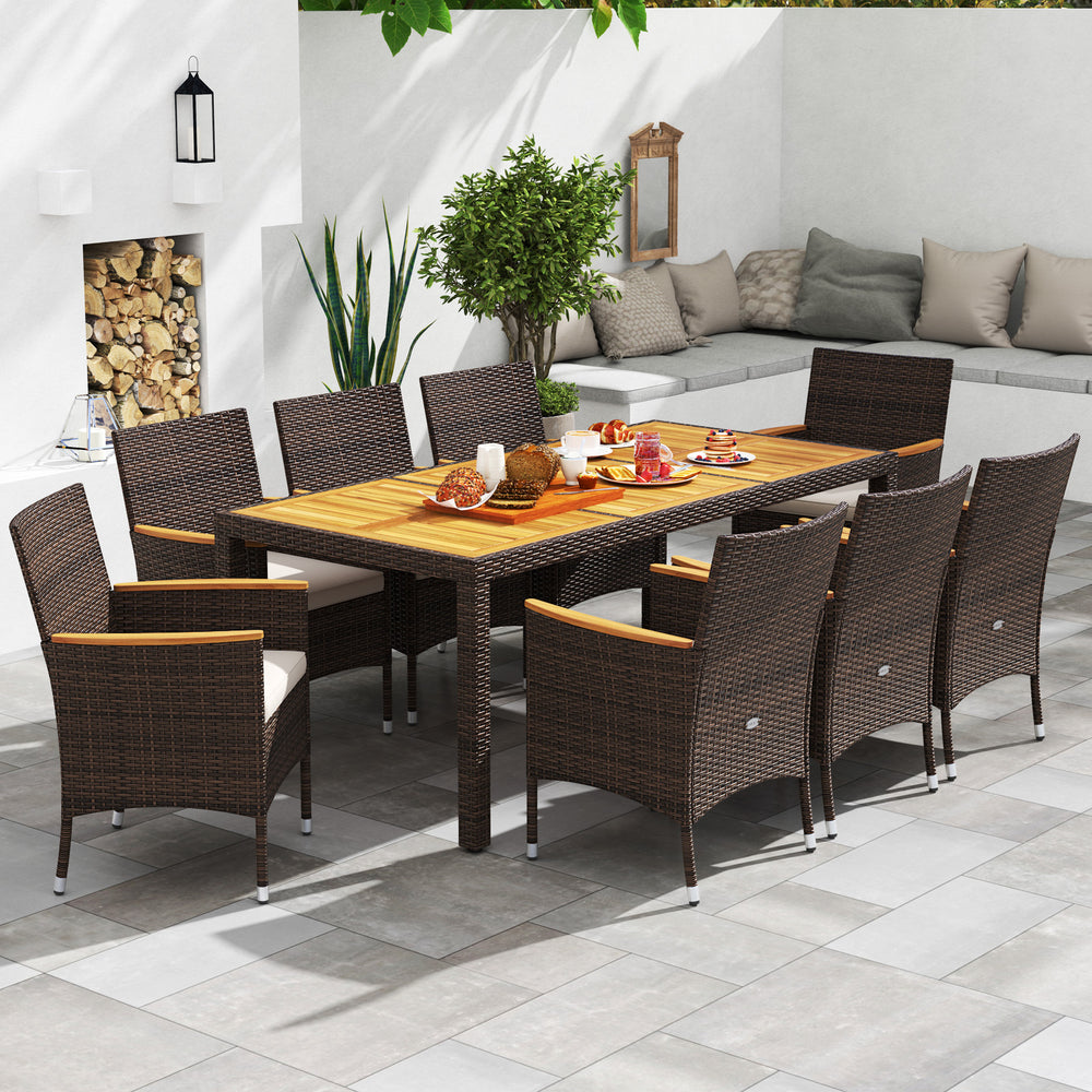 Dining table with acacia wood top offers long-lasting beauty and strength<br>Mix brown PE rattan is sun-protective  fade-resistant  and breathable <br>Crafted with a robust metal frame that is stable and long-lasting<br>High backrest and curved armrests f