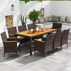 Dining table with acacia wood top offers long-lasting beauty and strength<br>Mix brown PE rattan is sun-protective  fade-resistant  and breathable <br>Crafted with a robust metal frame that is stable and long-lasting<br>High backrest and curved armrests f