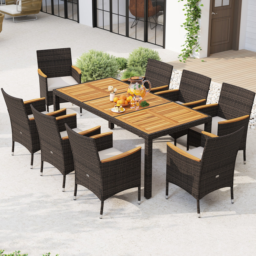 Dining table with acacia wood top offers long-lasting beauty and strength<br>Mix brown PE rattan is sun-protective  fade-resistant  and breathable <br>Crafted with a robust metal frame that is stable and long-lasting<br>High backrest and curved armrests f