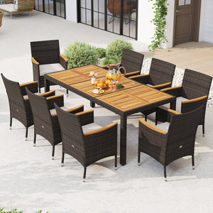Dining table with acacia wood top offers long-lasting beauty and strength<br>Mix brown PE rattan is sun-protective  fade-resistant  and breathable <br>Crafted with a robust metal frame that is stable and long-lasting<br>High backrest and curved armrests f