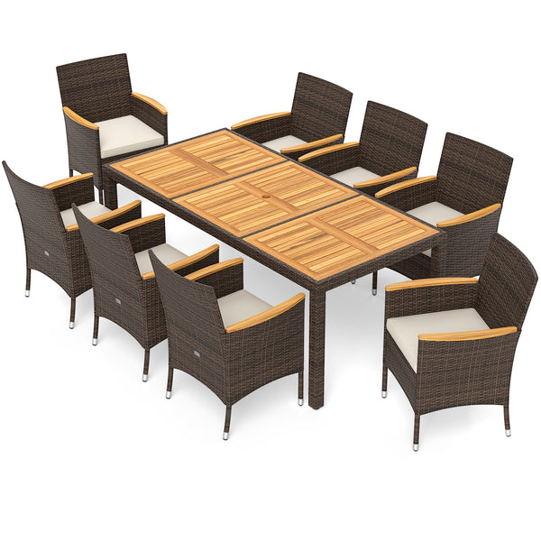 Dining table with acacia wood top offers long-lasting beauty and strength<br>Mix brown PE rattan is sun-protective  fade-resistant  and breathable <br>Crafted with a robust metal frame that is stable and long-lasting<br>High backrest and curved armrests f
