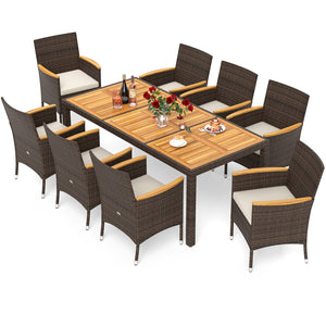 Dining table with acacia wood top offers long-lasting beauty and strength<br>Mix brown PE rattan is sun-protective  fade-resistant  and breathable <br>Crafted with a robust metal frame that is stable and long-lasting<br>High backrest and curved armrests f