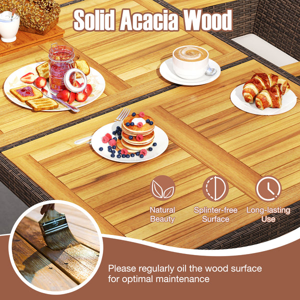 Dining table with acacia wood top offers long-lasting beauty and strength<br>Mix brown PE rattan is sun-protective  fade-resistant  and breathable <br>Crafted with a robust metal frame that is stable and long-lasting<br>High backrest and curved armrests f