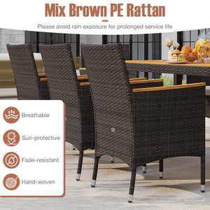 Dining table with acacia wood top offers long-lasting beauty and strength<br>Mix brown PE rattan is sun-protective  fade-resistant  and breathable <br>Crafted with a robust metal frame that is stable and long-lasting<br>High backrest and curved armrests f