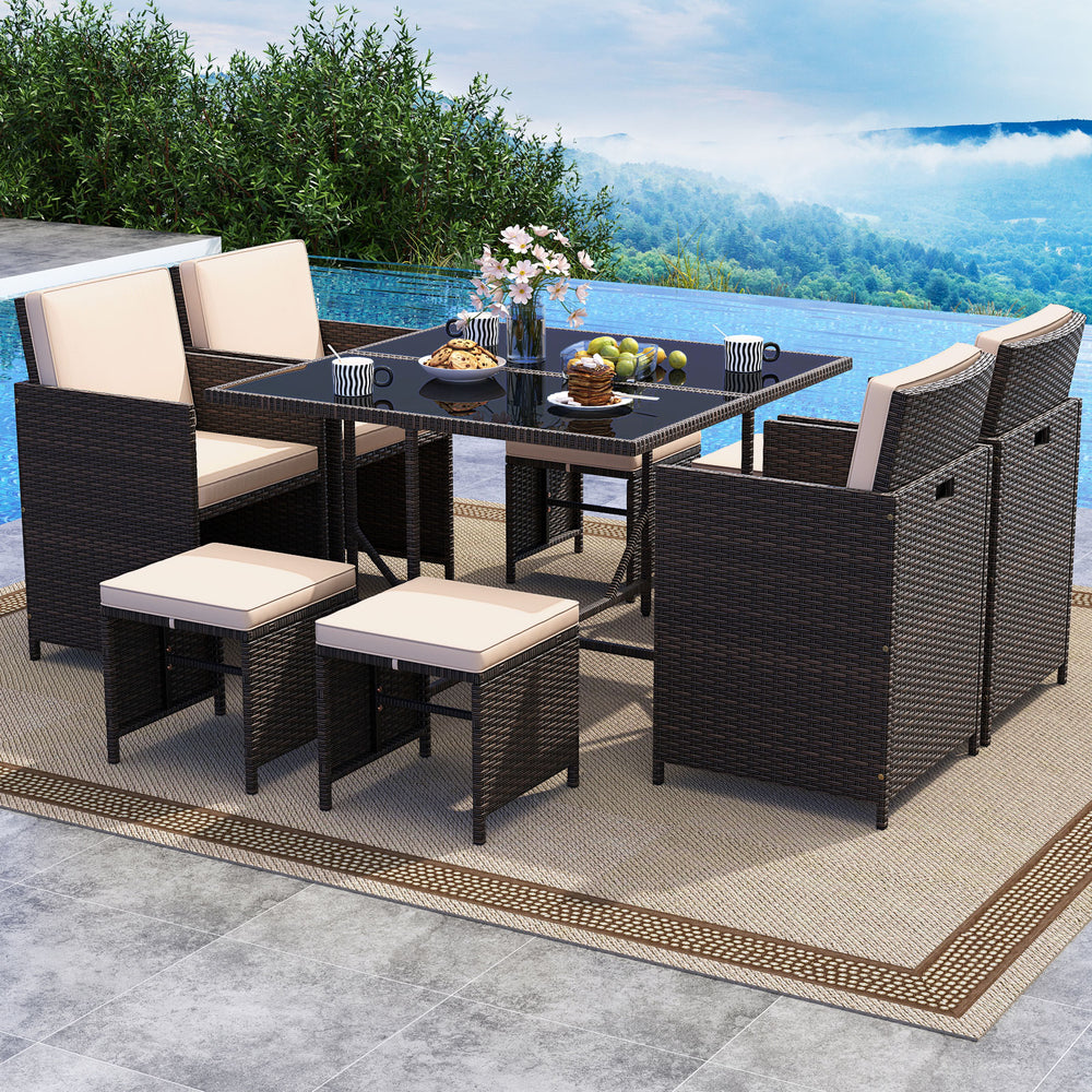 Elegant black/mix brown PE rattan attracts your attention<br>Supported by a heavy-duty metal frame<br>Ultimate comfort of cushions is ensured by high-density sponge<br>Large square dining table includes 10 suction cups for stability<br>Designed with elega