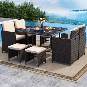 Elegant black/mix brown PE rattan attracts your attention<br>Supported by a heavy-duty metal frame<br>Ultimate comfort of cushions is ensured by high-density sponge<br>Large square dining table includes 10 suction cups for stability<br>Designed with elega