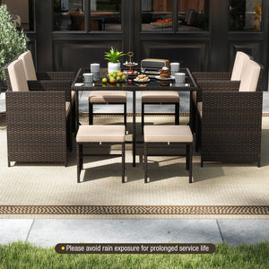 Elegant black/mix brown PE rattan attracts your attention<br>Supported by a heavy-duty metal frame<br>Ultimate comfort of cushions is ensured by high-density sponge<br>Large square dining table includes 10 suction cups for stability<br>Designed with elega