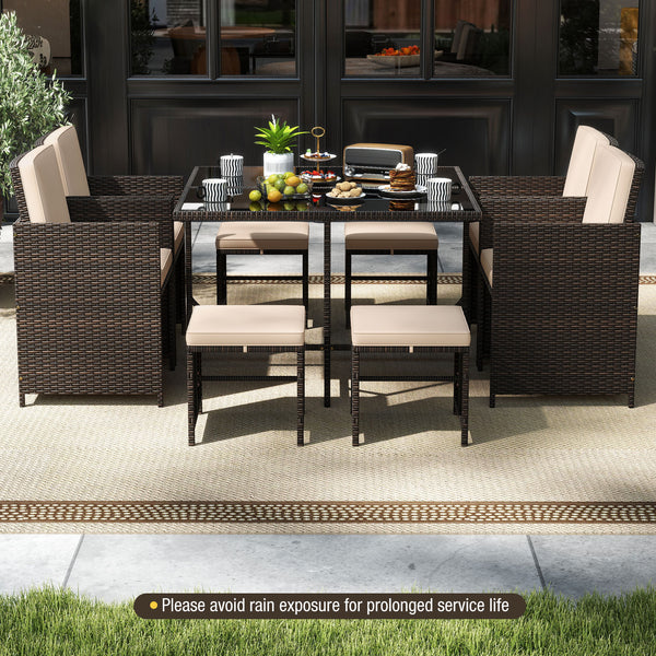 Elegant black/mix brown PE rattan attracts your attention<br>Supported by a heavy-duty metal frame<br>Ultimate comfort of cushions is ensured by high-density sponge<br>Large square dining table includes 10 suction cups for stability<br>Designed with elega