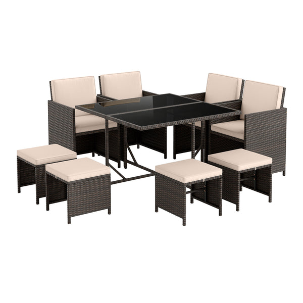 Elegant black/mix brown PE rattan attracts your attention<br>Supported by a heavy-duty metal frame<br>Ultimate comfort of cushions is ensured by high-density sponge<br>Large square dining table includes 10 suction cups for stability<br>Designed with elega