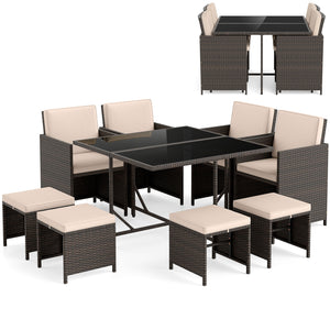 Elegant black/mix brown PE rattan attracts your attention<br>Supported by a heavy-duty metal frame<br>Ultimate comfort of cushions is ensured by high-density sponge<br>Large square dining table includes 10 suction cups for stability<br>Designed with elega
