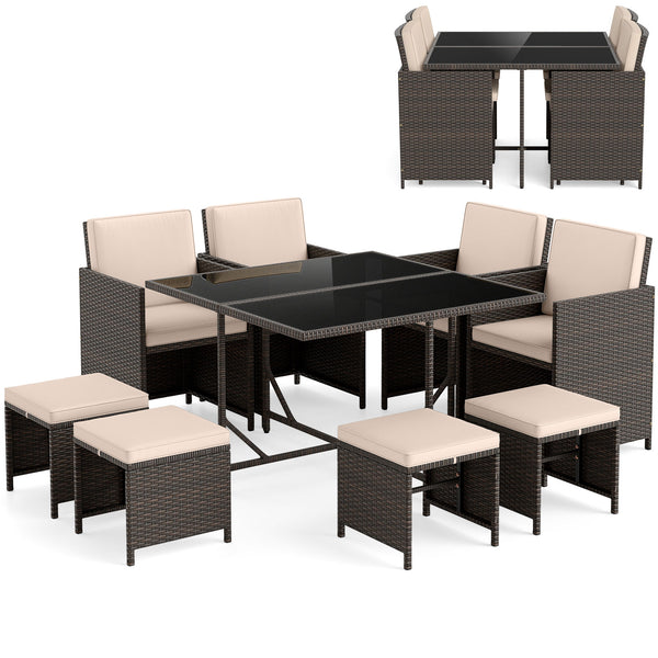 Elegant black/mix brown PE rattan attracts your attention<br>Supported by a heavy-duty metal frame<br>Ultimate comfort of cushions is ensured by high-density sponge<br>Large square dining table includes 10 suction cups for stability<br>Designed with elega