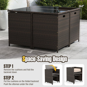 Elegant black/mix brown PE rattan attracts your attention<br>Supported by a heavy-duty metal frame<br>Ultimate comfort of cushions is ensured by high-density sponge<br>Large square dining table includes 10 suction cups for stability<br>Designed with elega
