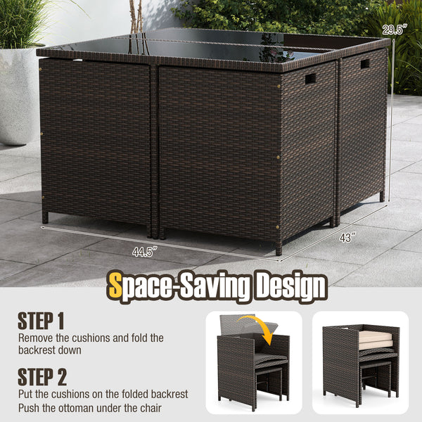 Elegant black/mix brown PE rattan attracts your attention<br>Supported by a heavy-duty metal frame<br>Ultimate comfort of cushions is ensured by high-density sponge<br>Large square dining table includes 10 suction cups for stability<br>Designed with elega