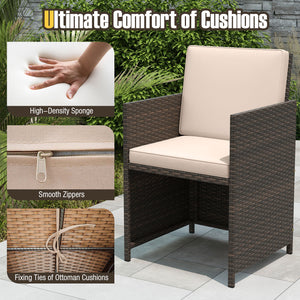 Elegant black/mix brown PE rattan attracts your attention<br>Supported by a heavy-duty metal frame<br>Ultimate comfort of cushions is ensured by high-density sponge<br>Large square dining table includes 10 suction cups for stability<br>Designed with elega