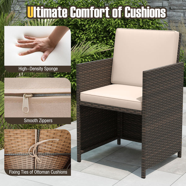 Elegant black/mix brown PE rattan attracts your attention<br>Supported by a heavy-duty metal frame<br>Ultimate comfort of cushions is ensured by high-density sponge<br>Large square dining table includes 10 suction cups for stability<br>Designed with elega