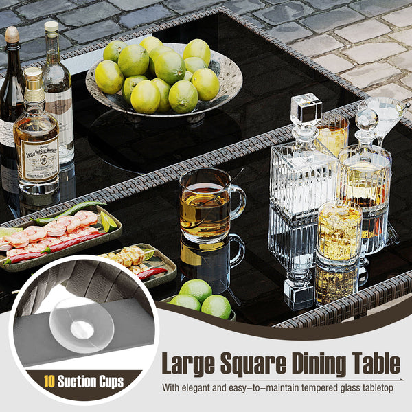 Elegant black/mix brown PE rattan attracts your attention<br>Supported by a heavy-duty metal frame<br>Ultimate comfort of cushions is ensured by high-density sponge<br>Large square dining table includes 10 suction cups for stability<br>Designed with elega