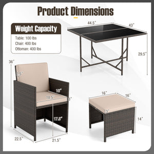 Elegant black/mix brown PE rattan attracts your attention<br>Supported by a heavy-duty metal frame<br>Ultimate comfort of cushions is ensured by high-density sponge<br>Large square dining table includes 10 suction cups for stability<br>Designed with elega