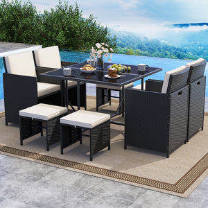 Elegant black/mix brown PE rattan attracts your attention<br>Supported by a heavy-duty metal frame<br>Ultimate comfort of cushions is ensured by high-density sponge<br>Large square dining table includes 10 suction cups for stability<br>Designed with elega