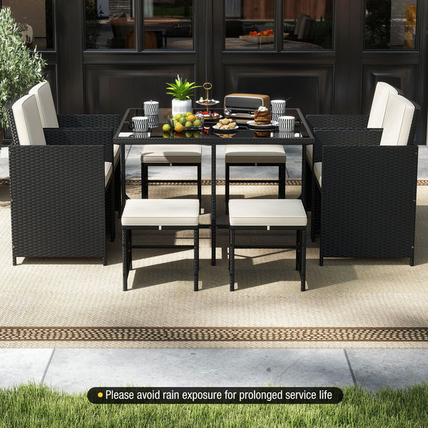 Elegant black/mix brown PE rattan attracts your attention<br>Supported by a heavy-duty metal frame<br>Ultimate comfort of cushions is ensured by high-density sponge<br>Large square dining table includes 10 suction cups for stability<br>Designed with elega