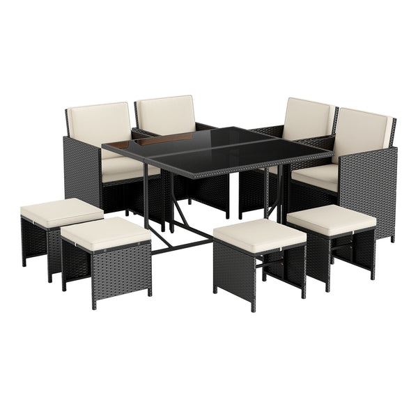 Elegant black/mix brown PE rattan attracts your attention<br>Supported by a heavy-duty metal frame<br>Ultimate comfort of cushions is ensured by high-density sponge<br>Large square dining table includes 10 suction cups for stability<br>Designed with elega