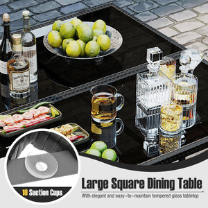 Elegant black/mix brown PE rattan attracts your attention<br>Supported by a heavy-duty metal frame<br>Ultimate comfort of cushions is ensured by high-density sponge<br>Large square dining table includes 10 suction cups for stability<br>Designed with elega