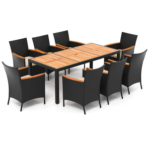 Acacia wood tabletop and armrest are solid  crack-resistant and durable <br>Dining table with 1.97" umbrella hole keep your umbrella in place <br>Lasting PE rattan is non-fading and weather-resistant <br>Supportive slatted backrest and armrest offer ultim