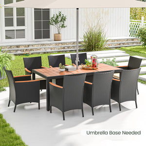 Acacia wood tabletop and armrest are solid  crack-resistant and durable <br>Dining table with 1.97" umbrella hole keep your umbrella in place <br>Lasting PE rattan is non-fading and weather-resistant <br>Supportive slatted backrest and armrest offer ultim